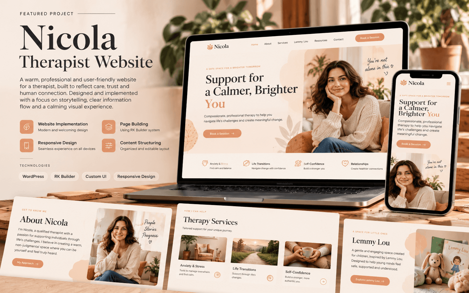 Nicola project visual showing a warm editorial therapist website reconstruction